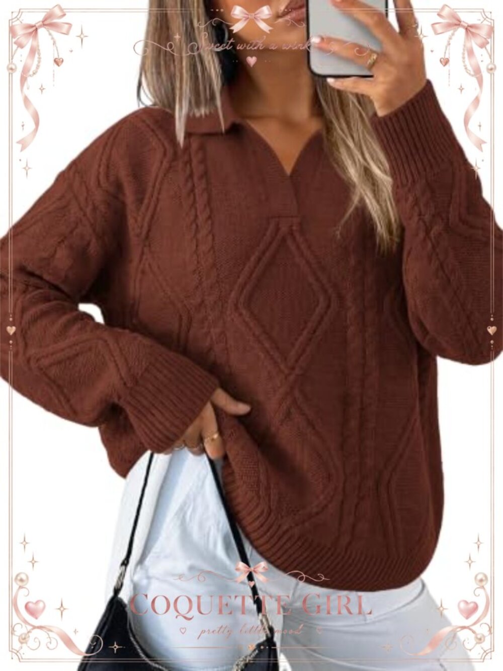 Womens Cable Knit Lapel Collar Oversized Pullover Sweater Fall